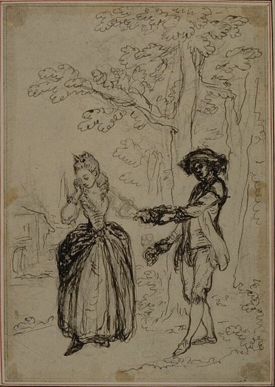 Tutkimus Collein teoksen "La Partie de Chasse de Henri IV" toista, koskaan julkaisematonta painosta varten, II näytös, kohtaus 3. tekijältä Hubert Francois Gravelot