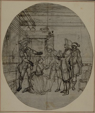 Tutkimus Collein teoksen "La Partie de Chasse de Henri IV" toista, koskaan julkaisematonta painosta varten, III näytös, kohtaus 11. tekijältä Hubert Francois Gravelot