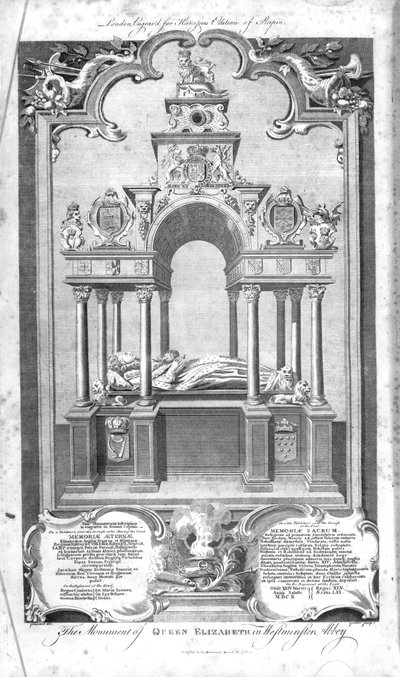 Kuningatar Elisabetin muistomerkki Westminster Abbeyssa, kuvitus Rapinin Englannin historiasta, kaivertanut John Goldar, 1786 tekijältä Hubert Francois Gravelot