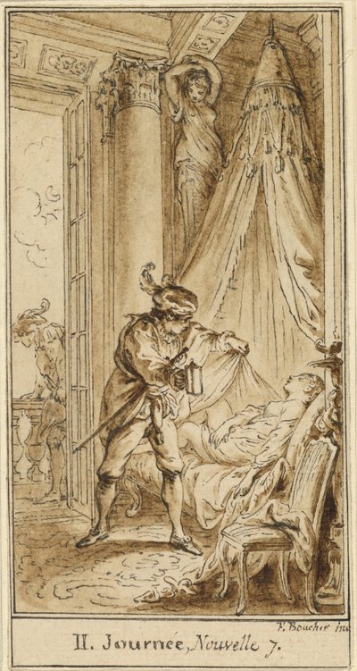 Toinen päivä, seitsemäs tarina: Ateenan herttua miettii nukkuvaa prinsessa Alatielia tekijältä Hubert François Gravelot after François Boucher