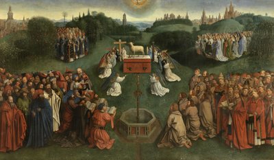 Kopio The Adoration of the Mystic Lamb, Gentin alttaritaulusta, keskipaneelin alapuoli (öljy paneelissa) tekijältä Hubert & Jan van (1390 1441) (after) Eyck