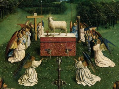 Mystisen karitsan palvonta, Gentin alttaritaulusta, yksityiskohta keskipaneelin alaosasta tekijältä Hubert & Jan van (1390 1441) Eyck