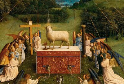 Mystisen karitsan palvonta, Gentin alttaritaulusta, yksityiskohta keskipaneelin alaosasta tekijältä Hubert & Jan van (1390 1441) Eyck