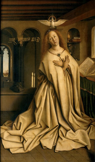 Virgin Annunciate, Gentin alttaritaulun oikeanpuoleisen paneelin ulkopuolelta tekijältä Hubert & Jan van (1390 1441) Eyck