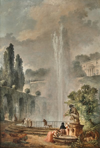 Puutarhamaisema, jossa huvila kohoaa suuren suihkulähteen yllä tekijältä Hubert Robert