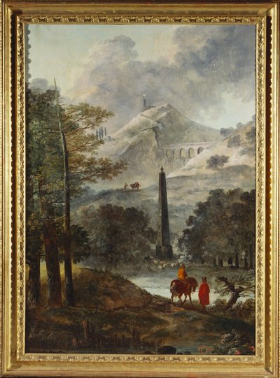 Vuoristoinen maisema obeliskillä tekijältä Hubert Robert