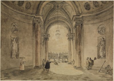 Näkymä kasinon atriumin läpi Villa Albanin puutarhaparterriin tekijältä Hubert Robert