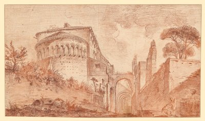 SS. Giovanni e Paolon kirkko Roomassa apsidista nähtynä tekijältä Hubert Robert