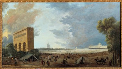 Ranskan vallankumous: ""Kansallisen liiton festivaali juhlittiin Champ de marsilla Pariisissa 14. heinäkuuta 1790"" Hubert Robertin (1733-1808) maalaus. 1790 Su. 0,52 x 0,96 m tekijältä Hubert Robert