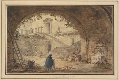 Holvi, antiikkinen kaivo ja näkymä portaikkoon tekijältä Hubert Robert
