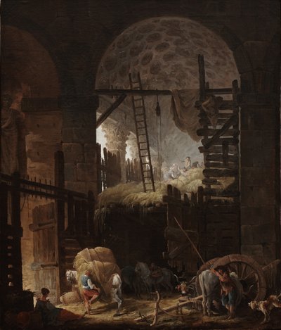 Villa Giulian sisäosa ja heinäntekijät tekijältä Hubert Robert