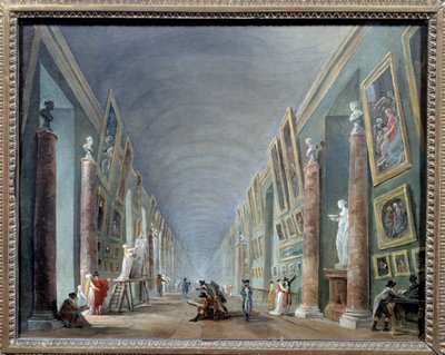 La grande galerie du Louvre vuosina 1801-1805 Hubert Robertin (1733-1808) maalaus Sun. 0,37 x 0,46 Musee du Louvre, Pariisi - Louvren suuri sali vuosina 1801-1805. Hubert Robertin (1733-1808) maalaus, 0,37 x 0,46. Louvre-museo Pariisissa tekijältä Hubert Robert