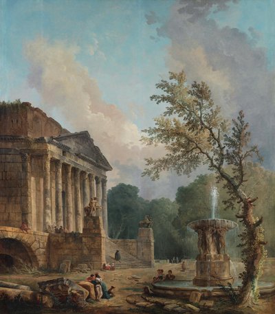 Maisema, jossa on roomalaisen temppelin rauniot tekijältä Hubert Robert