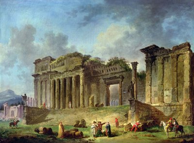 Mies luonnostelee klassisen temppelin raunioita (öljy kankaalle) tekijältä Hubert Robert