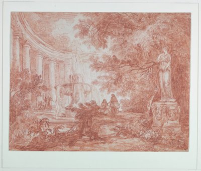 Puisto, jossa on suihkulähde ja patsas tekijältä Hubert Robert