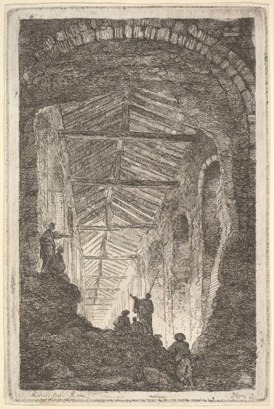Levy 10: Muinainen galleria: suuri katettu galleria, valoa tulee sisään alta..., n. 1763-64. tekijältä Hubert Robert