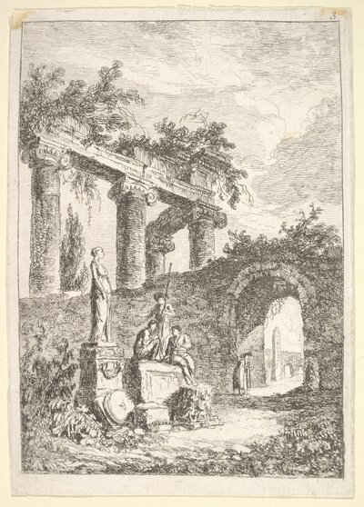 Levy 3: Patsas ennen raunioita: patsas vasemmalla kolmen hahmon vieressä p..., n. 1763-64. tekijältä Hubert Robert