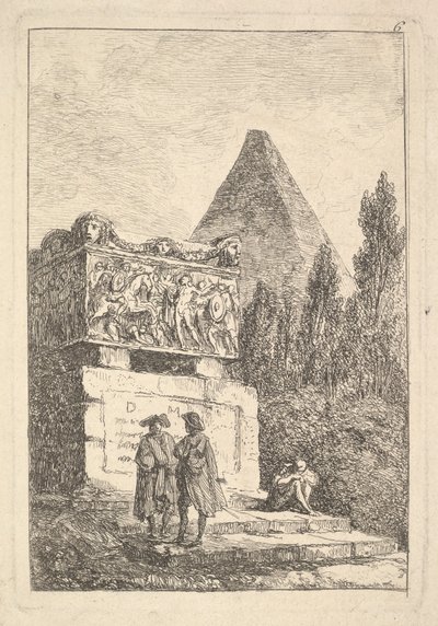 Levy 6: Sarkofagi: kaksi miestä keskustelemassa vasemmalle, toinen mies istuu ja nukkuu..., n. 1763-64. tekijältä Hubert Robert