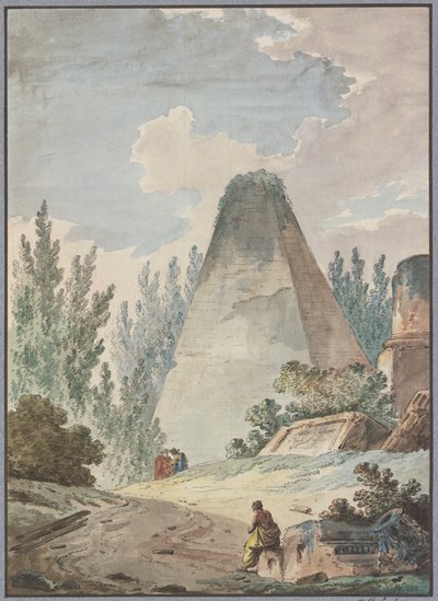 Katkenuthuippuinen pyramidi antiikin raunioiden maisemassa tekijältä Hubert Robert