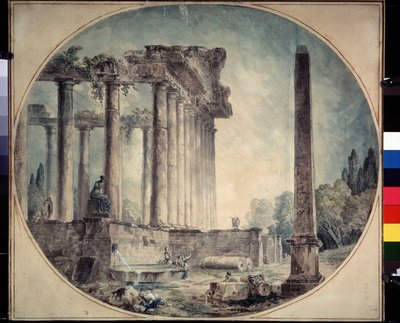""Muinaiset rauniot ja obeliski"" Hubert Robertin (1733-1808) akvarelli 1776 Valtion A. Pushkinin taidemuseo, Moskova, Venäjä tekijältä Hubert Robert