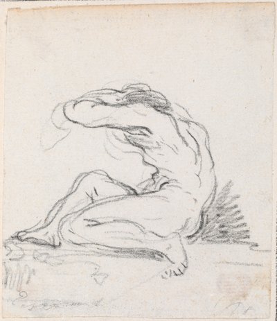 Istuva alaston mies, käsivarsi pään päällä, sivulta katsottuna tekijältä Hubert Robert
