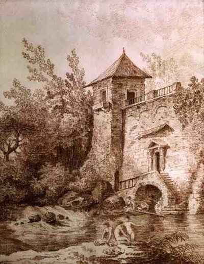 The Bathers (sangviini paperilla) tekijältä Hubert Robert