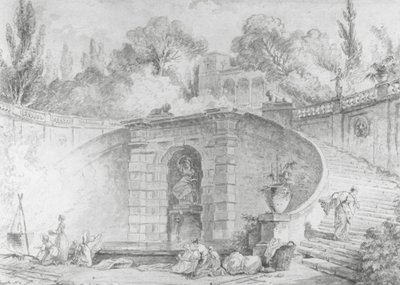 The Large Staircase, 1761-1765 (kynä ja musta muste, sivellin ja harmaa pesuaine ja akvarelli mustalla liidulla pohjapiirros luonnonvalkoiselle levitetylle paperille, vesileima) tekijältä Hubert Robert
