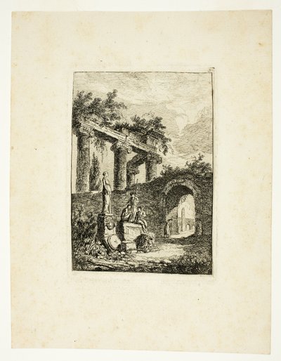 Patsas ennen raunioita, levy kolme teoksesta Les Soirées de Rome. tekijältä Hubert Robert