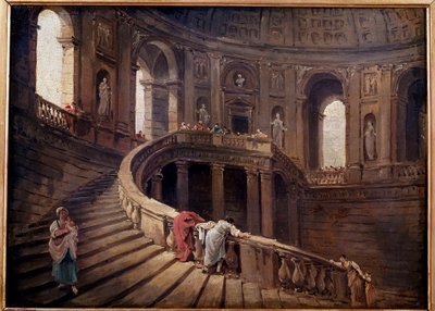 Palazzo Farnese a Caprarolan pyörivät portaat Hubert Robertin (1733-1808) maalaus 1700-luvun su. 0,24x0,33 m tekijältä Hubert Robert