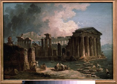 Temppeliä ympäröi vesi. Hubert Robertin (1733-1808) maalaus, öljy kankaalle, noin 1780, ranskalainen taide. Valtion A. Pushkinin kuvataidemuseo, Moskova. tekijältä Hubert Robert