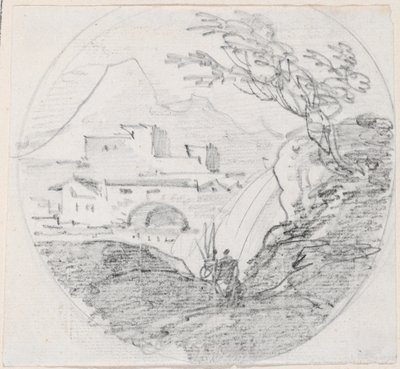 Näkymä harjanteelta kylään ja kaukaiselle vuorelle tekijältä Hubert Robert