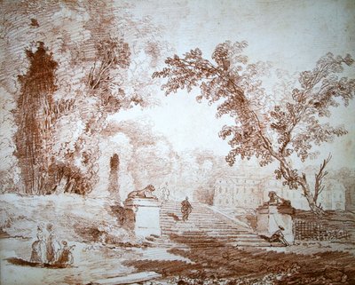 Näkymä puutarhaan terassilla (punainen liitu paperille) tekijältä Hubert Robert