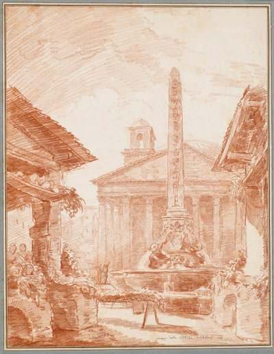Näkymä Piazza della Rotondalle Roomassa Tritons-suihkulähteellä ja Pantheonin julkisivulla tekijältä Hubert Robert