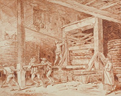 Viinipuristin, n. 1759 (punainen liitu kiiltävälle paperille, asetettu kermapaperille) tekijältä Hubert Robert