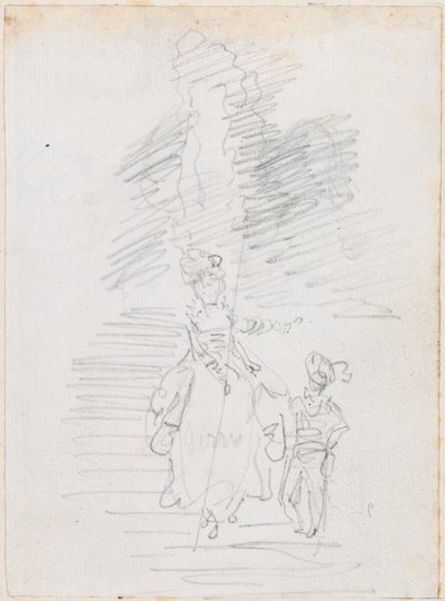 Nainen ja pienempi mieshahmo Grand Stairwayssa [recto] tekijältä Hubert Robert