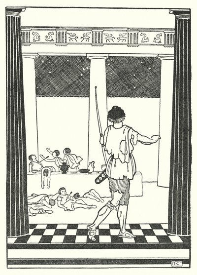 Odysseus tappaa Penelopen kosijat (litografia) tekijältä Hugh Chesterman