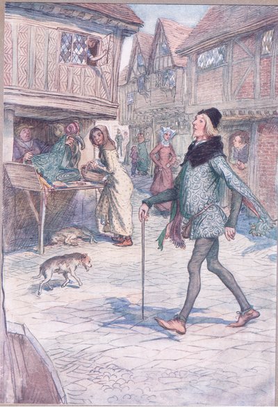 Eikö hän ikään kuin nosta päätään? Ja struct in his gate?, kuvitus teoksesta The Merry Wives of Windsor, 1910 tekijältä Hugh Thomson