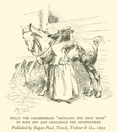 Dolly the Chambermaid "Saddling the Grey Mare", ratsastaa ja haastaa valtatiemiehen (kaiverrus) tekijältä Hugh Thomson