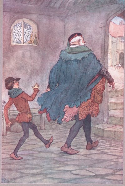 Exeunt Falstaff ja Robin, kuvitus teoksesta The Merry Wives of Windsor, 1910 tekijältä Hugh Thomson