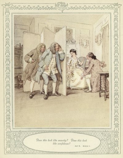 Kuvitus Goldsmithin teokseen She Stoops to Conquer tekijältä Hugh Thomson