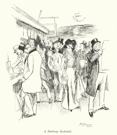 Lontoo: A Railway Bookstall (värilitografia). tekijältä Hugh Thomson