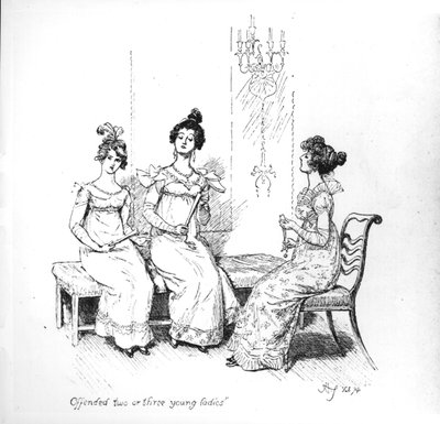 "Loukkantuneet kaksi tai kolme nuorta naista", Bingleyn sisarukset Jane Austenin "Pride and Prejudice" -teoksesta, 1894 (kaiverrus) (bw-kuva) tekijältä Hugh Thomson