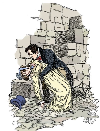 Kohtaus Jane Austenin suostuttelusta, 1897 tekijältä Hugh Thomson