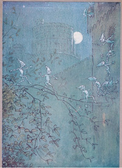 Haku Windsorin linnasta, tontut sisältä ja ulkoa, kuva Windsorin iloisista vaimoista, 1910 tekijältä Hugh Thomson