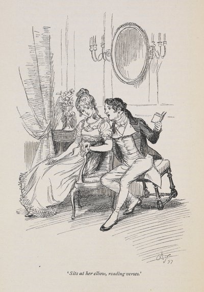 "Istuu kyynärpäällään ja lukee säkeitä", Jane Austenin Persuasion tekijältä Hugh Thomson