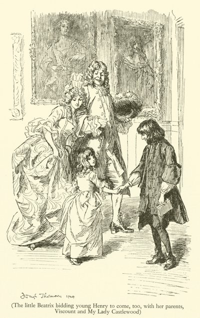 Pikku Beatrix pyytää nuorta Henryä myös vanhempiensa, varakreivi ja My Lady Castlewoodin, kanssa (kaiverrus) tekijältä Hugh Thomson