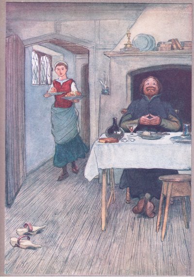 Pippinejä ja juustoa on tulossa, kuvitus elokuvasta The Merry Wives of Windsor , 1910. tekijältä Hugh Thomson