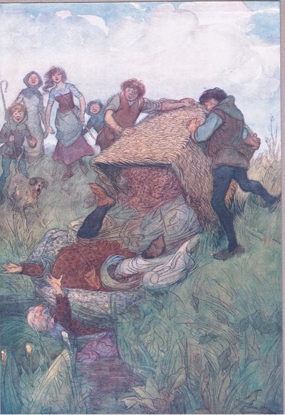 "Thrown into the Thames", kuvitus teoksesta "The Merry Wives of Windsor" tekijältä Hugh Thomson