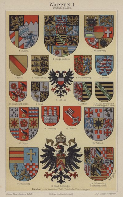 Saksan osavaltioiden vaakunat (väri litho) tekijältä Hugo Gerard (after) Strohl