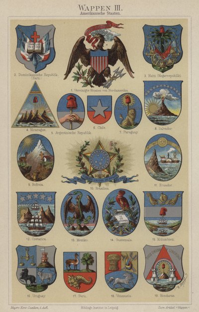 Amerikan maiden vaakunat (väri litho) tekijältä Hugo Gerard (after) Strohl